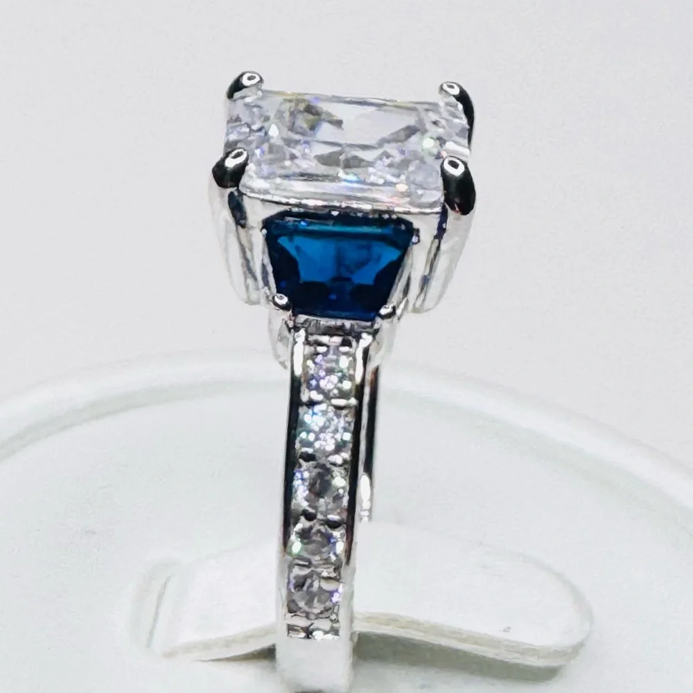 Elegant Sterling Silver Emerald Cut White Stone w/Blue Sapphire Stones - Picture 5 of 6